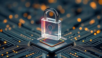 Crystal Lock with Lightbulb Icon on Circuit Board: Symbolizing Digital Security Innovation, Data Protection Solutions, Intellectual Property Safeguards, and Secure Technology Development