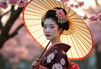 An elegant portrait of a beautiful Japanese geisha in a traditional kimono, holding a paper umbrella under blooming cherry blossom trees for a serene, cultural scene.
