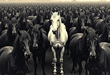 A powerful and conceptual image of a single white horse standing out in a vast, uniform crowd of black horses, symbolizing individuality, leadership, and uniqueness.
