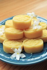 Closeup of Khanom Tua Guan, a Popular Thai Mung Bean Mold-pressed Soft Cookies