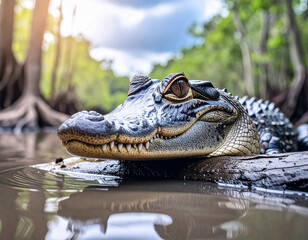 Obraz premium Close Up of Young Alligator Resting in Shallow Swamp Water at Sunrise