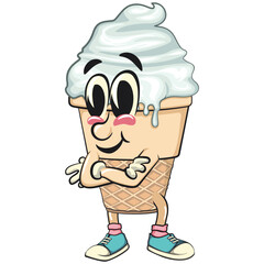 cute ice cream cone mascot cartoon vector character with waffle cone and vanilla topping folding his arms calmly, work of hand drawn