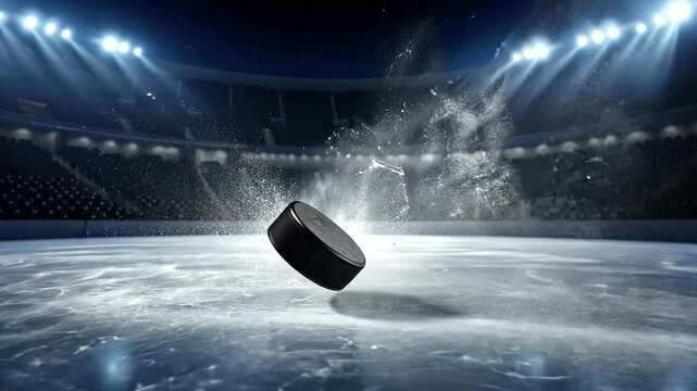 A hockey puck splashes on ice during an intense game in a packed arena, showcasing action