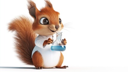Animated squirrel scientist with a flask, in a white lab coat on a white backdrop