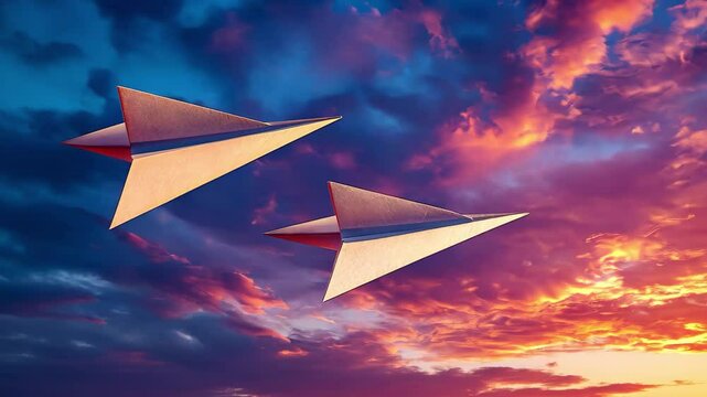 Two paper planes soar through a vibrant sunset sky showcasing creativity and freedom in flight, Two paper planes flying through beautiful sunset sky