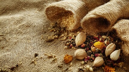 Dried herbs and spices spilled from burlap sacks.