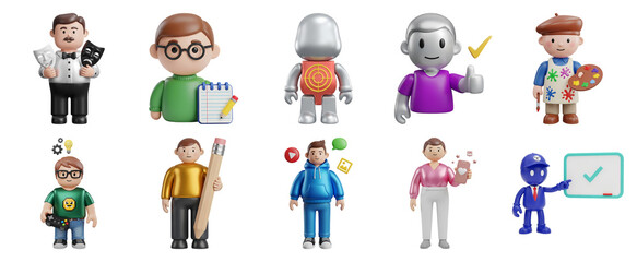 A set of 3D person characters representing different professions and occupations including a doctor teacher engineer and scientist