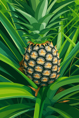 Obraz premium This is a digital illustration of a ripe pineapple growing in its natural setting, surrounded by long, pointed green leaves. The pineapple is depicted in great detail, showcasing its characteristic