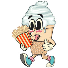 cute ice cream cone mascot cartoon vector character with waffle cone and vanilla topping brought a box of french fries, work of hand drawn