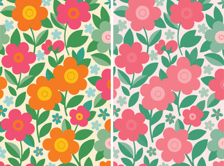 Set of two seamless retro floral patterns in a 1960s Mod style. Includes a bright multicolor version & a soft pink/green version. Cheerful, graphic design for kids, fabric & decor