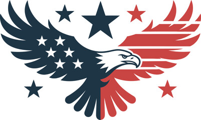 Flying eagle design with blue and red wings, starburst center representing US freedom and national pride  