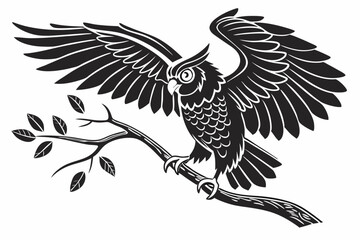 Stylized black silhouette of an owl perched on a branch, perfect for logo design or nature-themed illustrations.