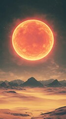 Fiery moon over desert landscape
