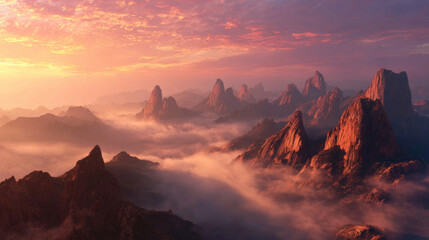 Fototapeta premium Breathtaking sunrise over majestic rock formations, casting warm hues across sky and enveloping landscape in soft mist