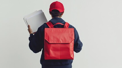 Rear view of a delivery person wearing a navy blue hoodie, red cap, and a red backpack, holding several food delivery boxes against a light gray background