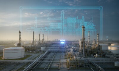 Oil Refinery with Blueprint Overlay