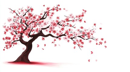 A stylized cherry blossom tree in full bloom, branches reaching, petals falling