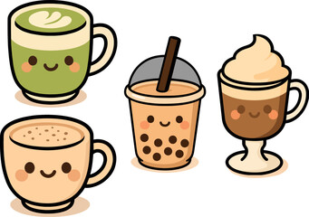 Obraz premium PrintSet of cute kawaii drink characters. Includes bubble tea, matcha latte, coffee, and frappuccino. Vector icon collection.