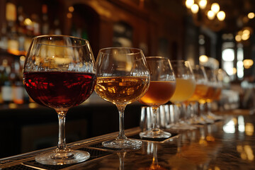 Glasses with different types of beer stand on a wooden bar counter. Beer tasting. Generated by artificial intelligence