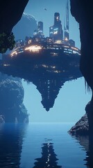 Floating city reflection in water