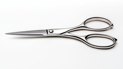 Obraz premium Sleek, silver shears with slightly curved handles and pointed blades rest on a bright white background, showcasing a polished, professional aesthetic