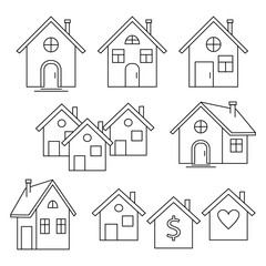 Set of minimalistic line art house icons, transparent vector illustrations, Real Estate and home symbol collection
