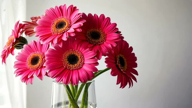 A vibrant bouquet of pink gerbera daisies in a clear vase against a soft, light background