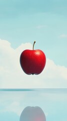 Floating red apple against pastel sky