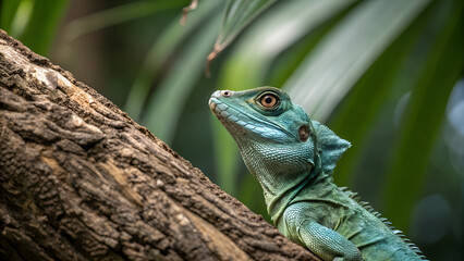 Fototapeta premium Vibrant Green Basilisk Lizard Resting on Tree Branch in Tropical Jungle – Wildlife Reptile Close-Up
