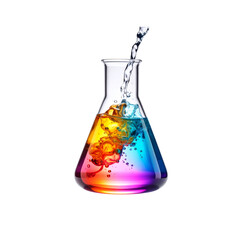 Colorful liquid pouring into erlenmeyer flask isolated on transparent background