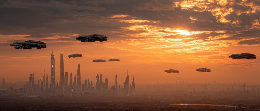 Futuristic city skyline with uf os at sunset