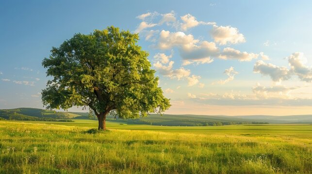 A lone tree on a hill overlooking a valley during a warm, golden sunset.