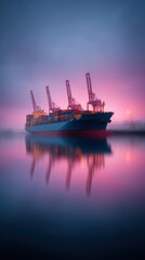Fototapeta premium Cargo ship with cranes is reflected in calm water under vibrant pink and blue sky, creating serene atmosphere