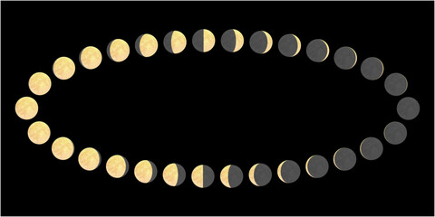 Vector illustration of lunar cycle arranged in a circle. Moon phases on black background.