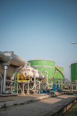 Demineralized water tank and multi effect desalination plant (MED) at industrial power plant. A...