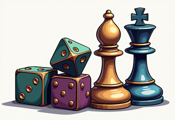 A playful illustration combining the strategy of chess with the luck of dice, featuring a king, a bishop, and colorful dice for a fun tabletop gaming concept.
