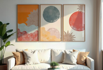 A bright and modern living room interior featuring a cozy white sofa and a stylish triptych of abstract boho wall art in warm, earthy tones for a serene ambiance.
