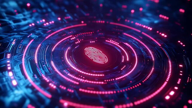 Futuristic fingerprint scan Red and blue glowing digital interface with circles and lines - Powered by Adobe
