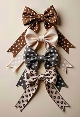 An elegant assortment of four stylish gift bows in soft, neutral tones, featuring a chic mix of polka dot, leopard print, and classic satin ribbon for any occasion.
