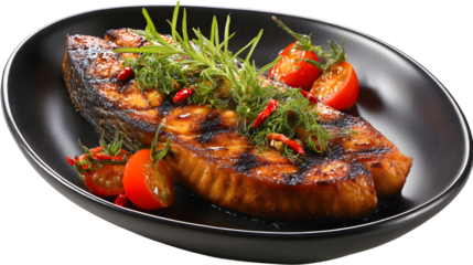 Grilled Fish Steak on Black Plate with Herbs and Tomatoes