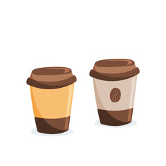 Two vector coffee to go cups with lids in brown and beige tones. Suitable for menus, beverage packaging, logos, stickers and coffee themed projects