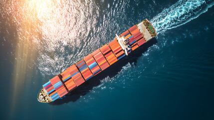 A massive container ship sails the open sea, sunlight glinting on blue waves. Global trade in motion.