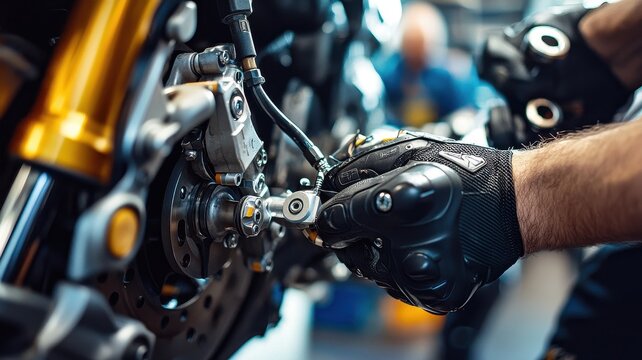A mechanic inspects and repairs the brake system of a motorcycle, showcasing detailed craftsmanship in a vibrant workshop environment clearly focused on precision and safety.