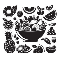 Black Fruit Salad Silhouette Vector, High Quality Illustration on White Background