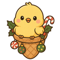 Naklejka premium Yellow chick standing with candy canes, jingle bells and holly branches in joyful holiday composition, Watercolor Illustration..