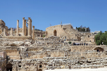 Fototapeta premium The ancient city of Gerasa, now Jerash, Jordan. The theater view from the Oval Plaza