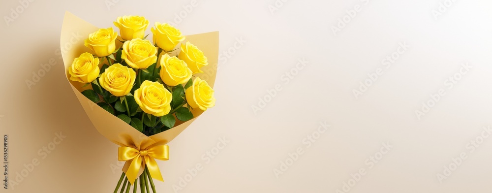 Poster yellow rose bouquet with golden ribbon on soft beige background with empty copy space for promotiona