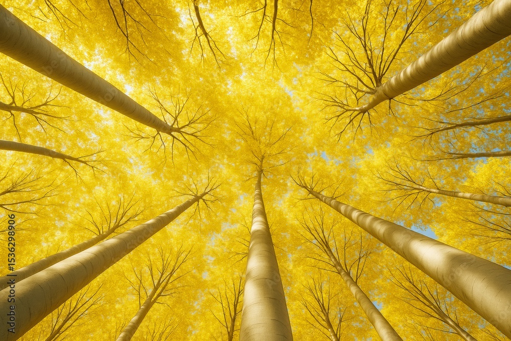 Poster tall trees with bright yellow foliage viewed from below against a clear sky in a surreal forest back