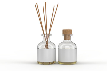 Aromatic diffuser bottle with blank label and bamboo sticks mockup container packaging isolated on...