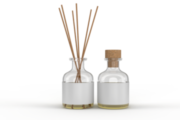 Aromatic diffuser bottle with blank label and bamboo sticks mockup container packaging isolated on background. 3D template for presentations home scent diffuser, fragrance dispenser, wellness branding